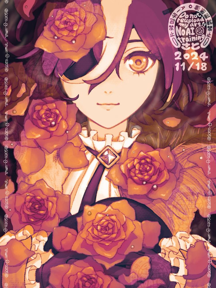 ウマ娘のキャラクター、タニノギムレットのイラスト。フリルのある衣装を身にまとい、羽飾りがついた帽子を胸の前に抱え、浅い水面に横たわっている。その上には、薔薇の花と花びらが散らばっている。