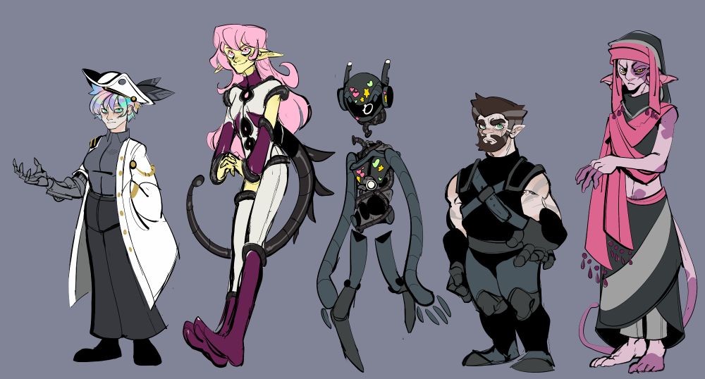 A pirate captain with a prosthetic arm
The magical girl with a tail
robot with organics and stickers
The human? 
The alien cat