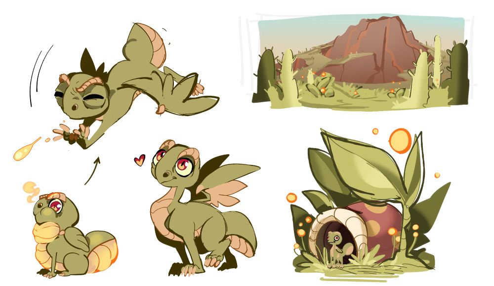 sketches with a little dragon and his house