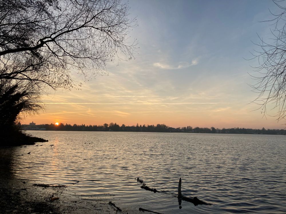 sunrise over lake, sun rises at horizon over trees, orange sky 