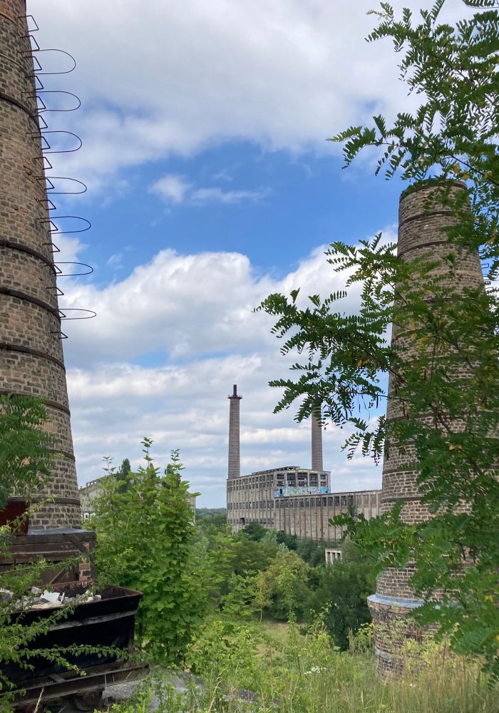 overgrown old industrial chimneys, large abandoned industrial building in the back