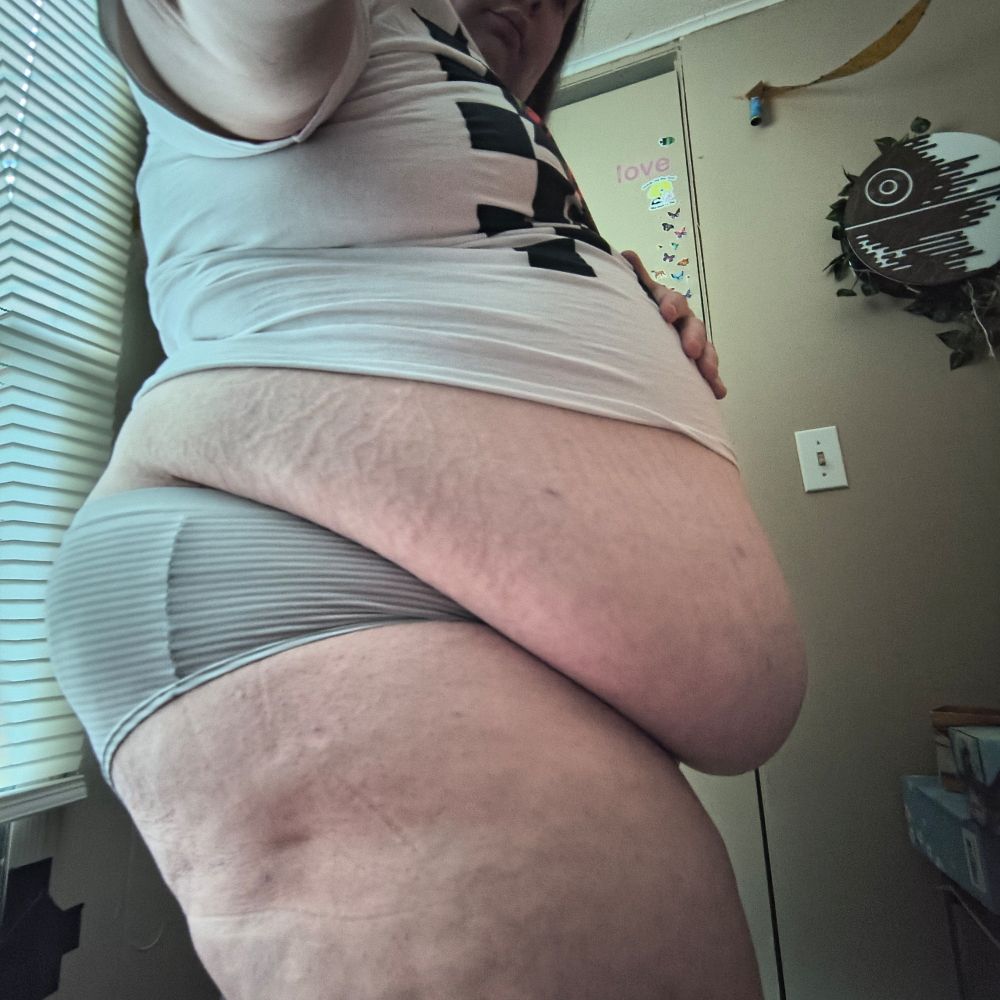 Side shot of a Fat trans woman in the same shirt and panties, shirt hiding significantly less of her belly, stretch marks spidering across. 