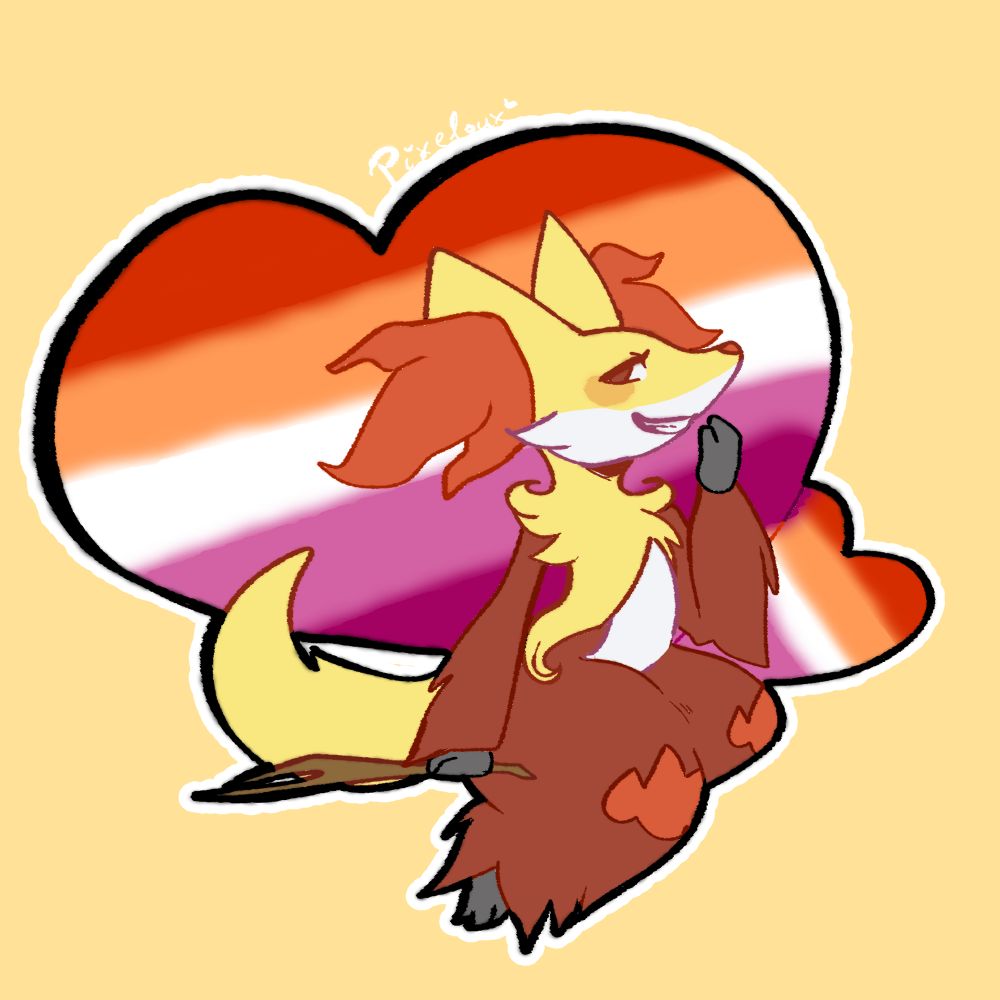 A drawing of Delphox in front of a heart with the lesbian flag