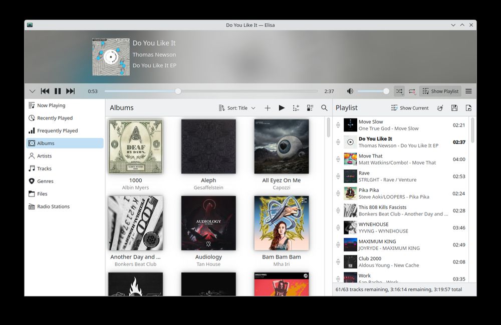 A screenshot of the Elisa music player interface. The currently playing track is “Do You Like It” by Thomas Newson from the EP "Do You Like It." Playback controls are at the top left with a progress bar showing the song at 0:53 of 2:37. The left sidebar menu has categories like Now Playing, Recently Played, Frequently Played, Albums (selected), Artists, Tracks, Genres, Files, and Radio Stations. The main panel displays several album covers with titles and artists, including "1000" by Albin Myers, "Aleph" by Gesaffelstein, "All Eyez On Me" by Capozzi, and others. On the right, the Playlist pane lists tracks with thumbnails and durations. “Do You Like It” is highlighted and playing. At the bottom, it shows 61 out of 63 tracks remaining, with a total playlist time of 3 hours, 19 minutes, and 57 seconds.