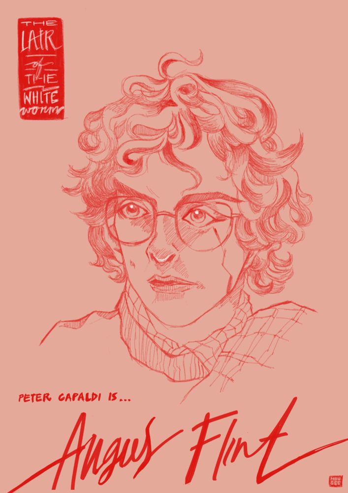 monochrome character poster for Lair of the White Worn - the sketched portrait of Angus Flint with typography titling