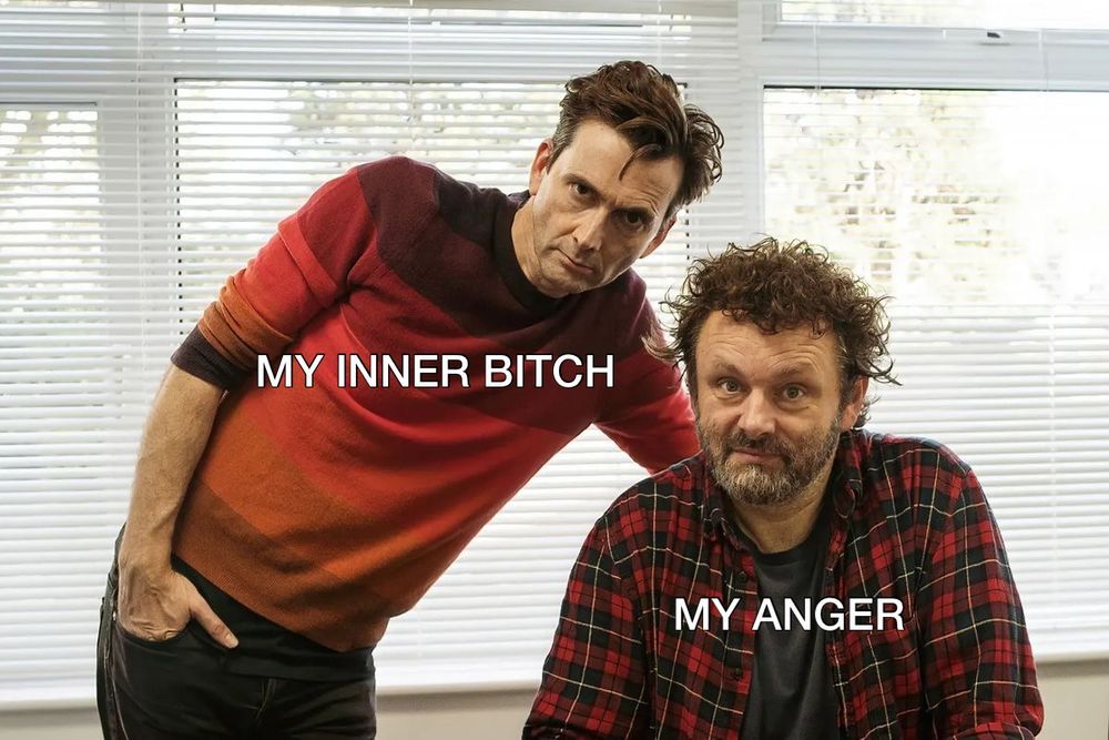 David Tennant and Michael Sheen in staged. Sheen is sitting. Tennant is standing and leaning over him. Both are looking at the camera. Both look displeased, angry. In fact, the viewer might feel as if they've done something wrong to peeve these two
 Tennant is wearing an ombre sweater in shades of golds, oranges, reds. He has his hand in a pocket. Sheen, wild feral Welsh curls, is wearing a red Tartan button down shirt. 
The words "My Anger" appear in white over Sheen. "My Inner Bitch" appears over Tennant. 
Truly, Tennant looks like he could cut you down with words. Sheen is his scary dog privilege and looks like he might take you outside for a rough talking to...by your ear. 