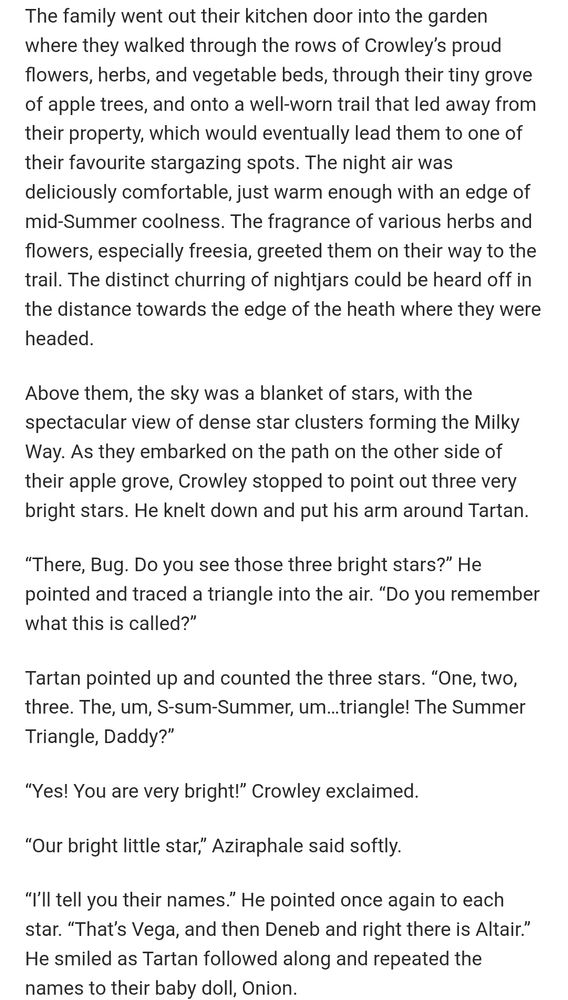 Screen shot from Good Omens fanfic "A Star Danced." It reads: 

The family went out their kitchen door into the garden where they walked through the rows of Crowley’s proud flowers, herbs, and vegetable beds, through their tiny grove of apple trees, and onto a well-worn trail that led away from their property, which would eventually lead them to one of their favourite stargazing spots. The night air was deliciously comfortable, just warm enough with an edge of mid-Summer coolness. The fragrance of various herbs and flowers, especially freesia, greeted them on their way to the trail. The distinct churring of nightjars could be heard off in the distance towards the edge of the heath where they were headed.

Above them, the sky was a blanket of stars, with the spectacular view of dense star clusters forming the Milky Way. As they embarked on the path on the other side of their apple grove, Crowley stopped to point out three very bright stars. He knelt down and put his arm around Tartan.

“There, Bug. Do you see those three bright stars?” He pointed and traced a triangle into the air. “Do you remember what this is called?”

Tartan pointed up and counted the three stars. “One, two, three. The, um, S-sum-Summer, um…triangle! The Summer Triangle, Daddy?”

“Yes! You are very bright!” Crowley exclaimed.

“Our bright little star,” Aziraphale said softly.

“I’ll tell you their names.” He pointed once again to each star. “That’s Vega, and then Deneb and right there is Altair.” He smiled as Tartan followed along and repeated the names to their baby doll, Onion.