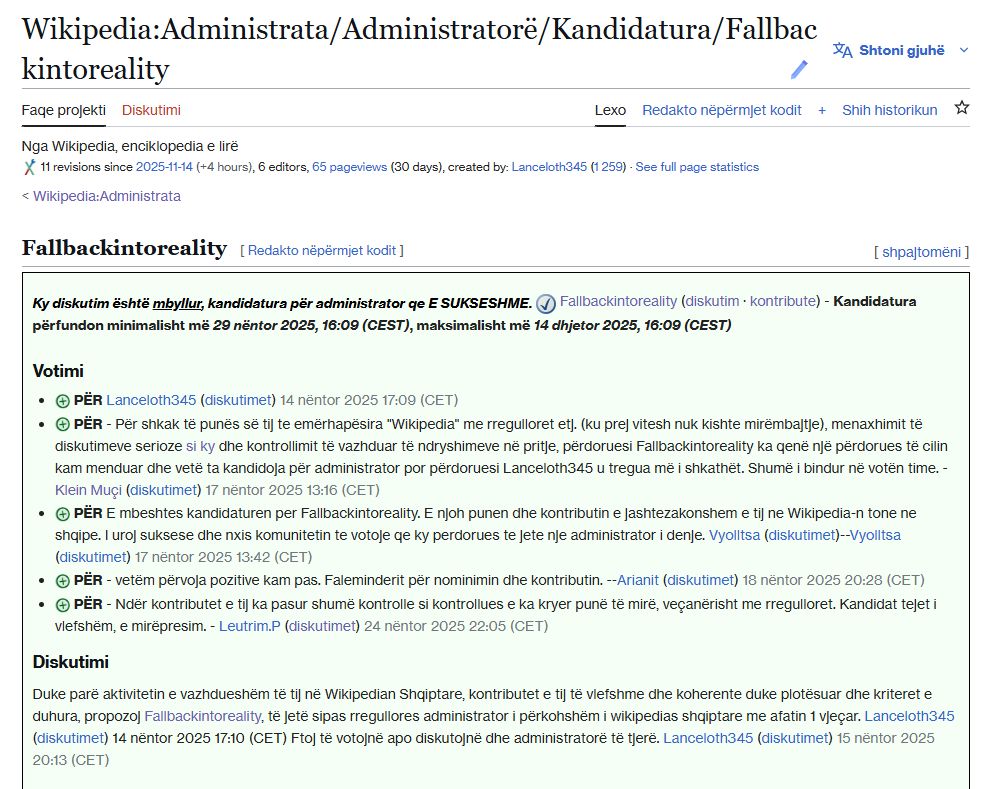 A screenshot of the candidacy proposal, where I was selected admin at the Albanian Wikipedia.