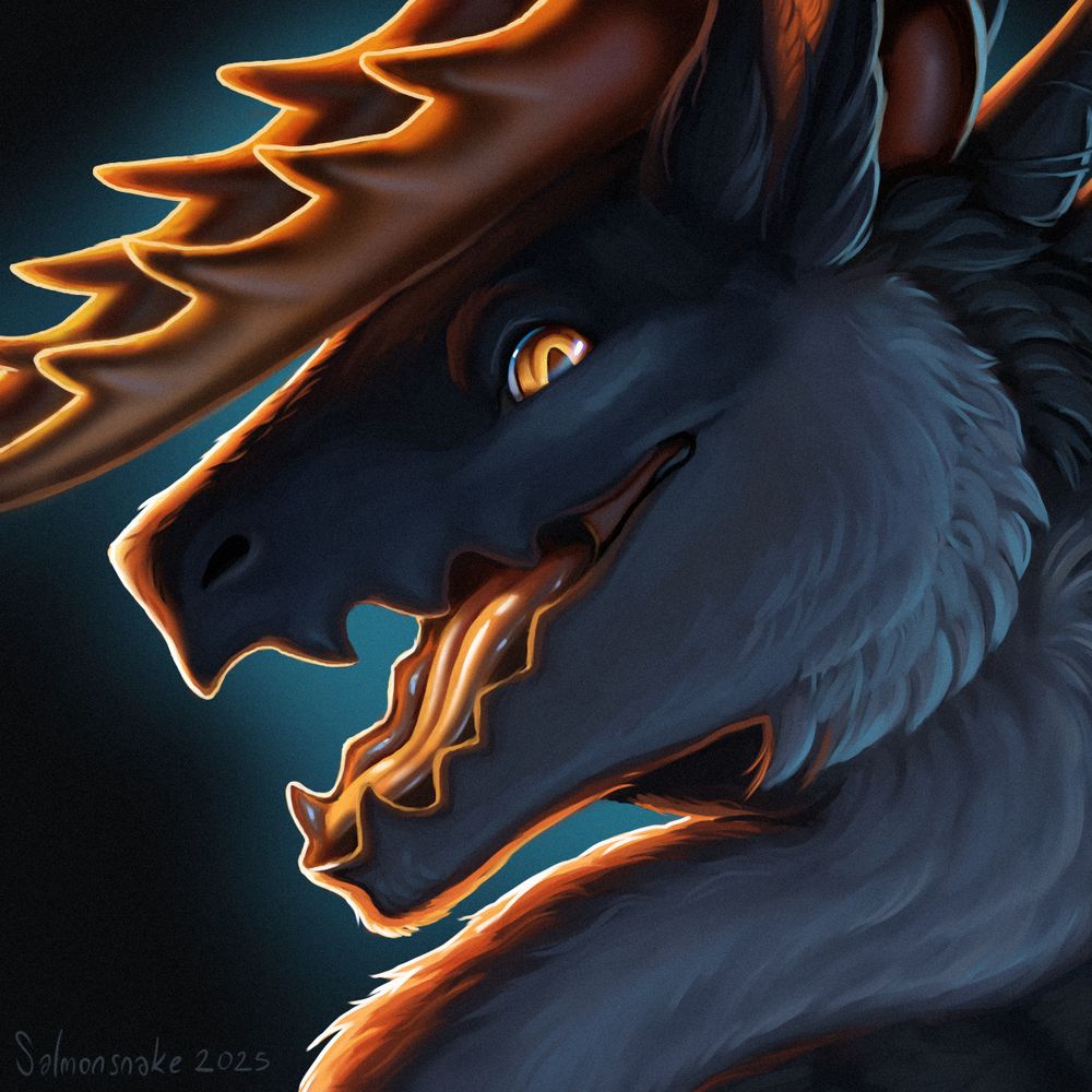 Headshot picture of a smiling dragon with antler-like horns.