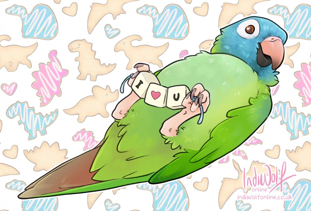 An illustration of a Blue Crowned Conure laying on it's back playfully holding some beads that say I Heart U. The background has a dino cookie pattern