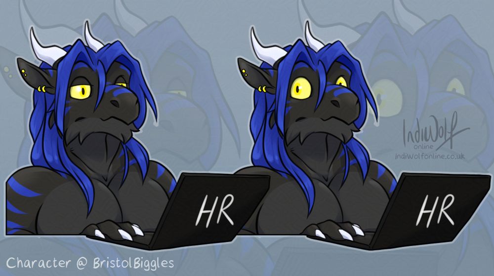 A black and blue dragon looks at his HR laptop and then reacts to the viewer with wide eyes