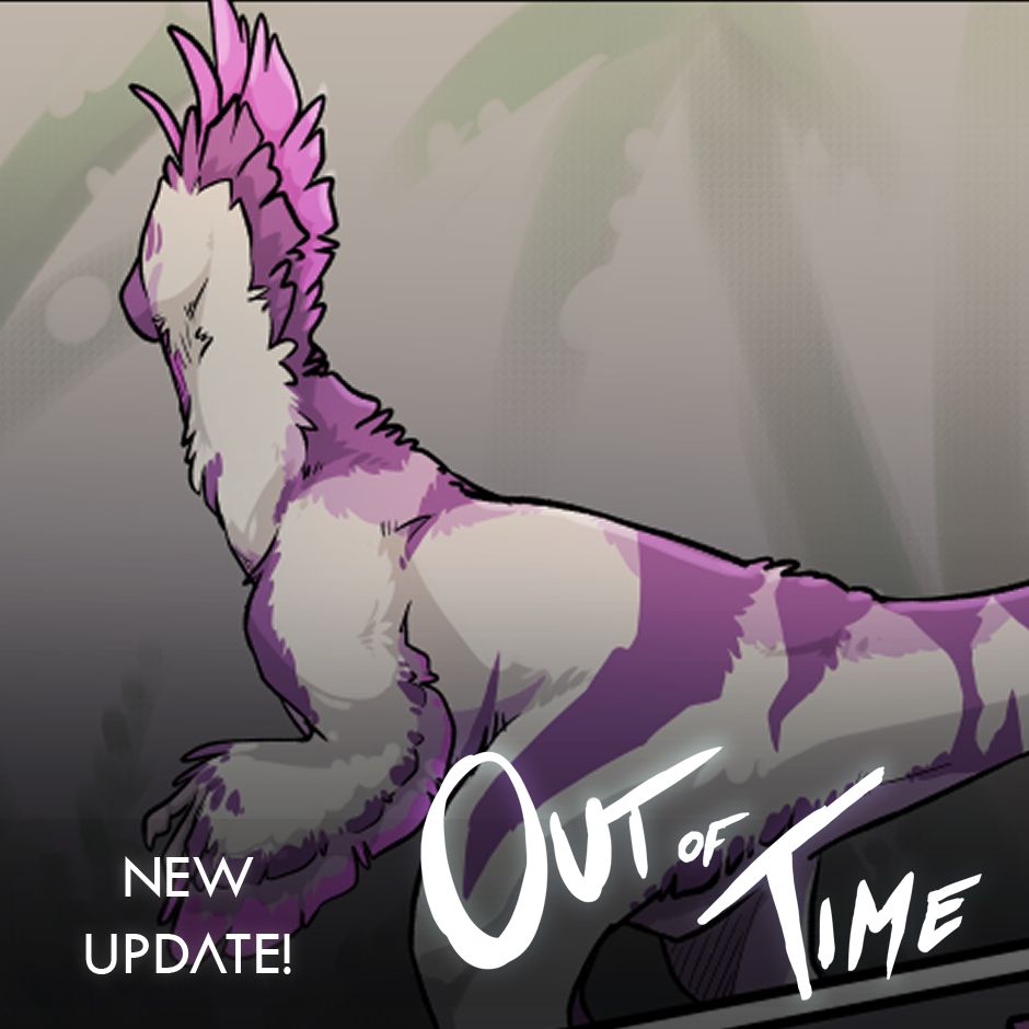 A purple and grey dinosaur looks at the poorly painted mural on the concrete wall. Text reads: New update! Out of Time