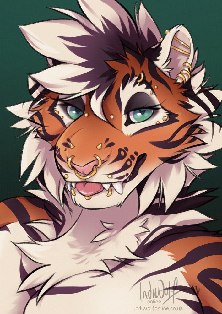 A cheeky tiger with gold piercings on a green background