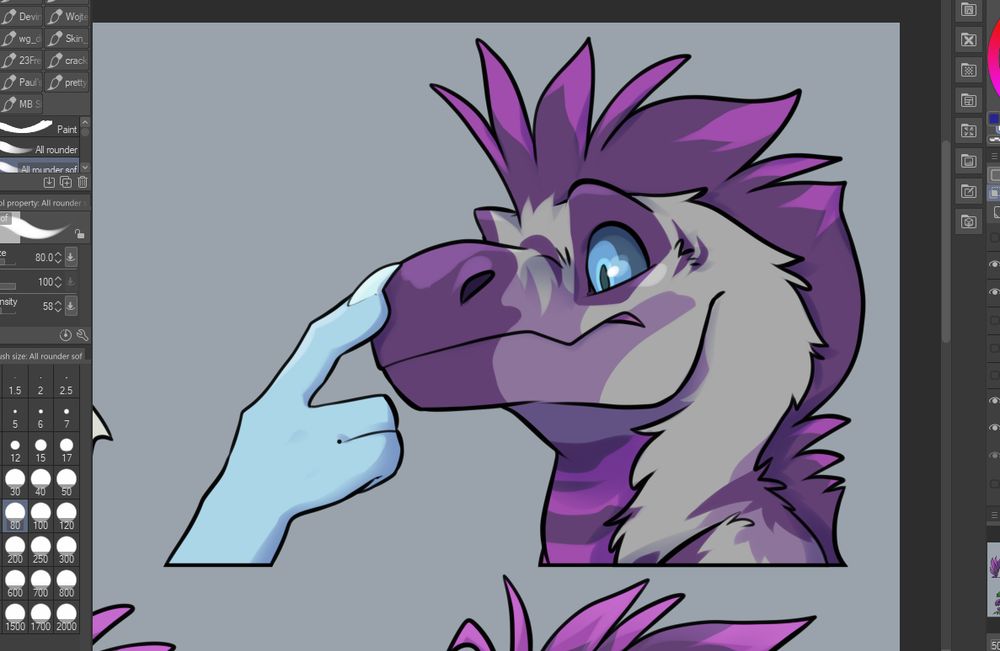 Screenshot of the work in progress of the next raptor sticker base pack. The sticker shown is a blue hand booping the nose of T - a purple and grey troodon (dinosaur)