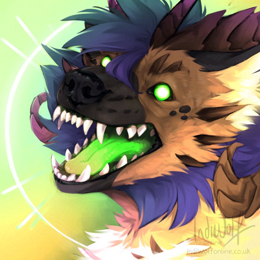 Demonic hyena glares at the viewer, teeth bared and a halo surrounding their face