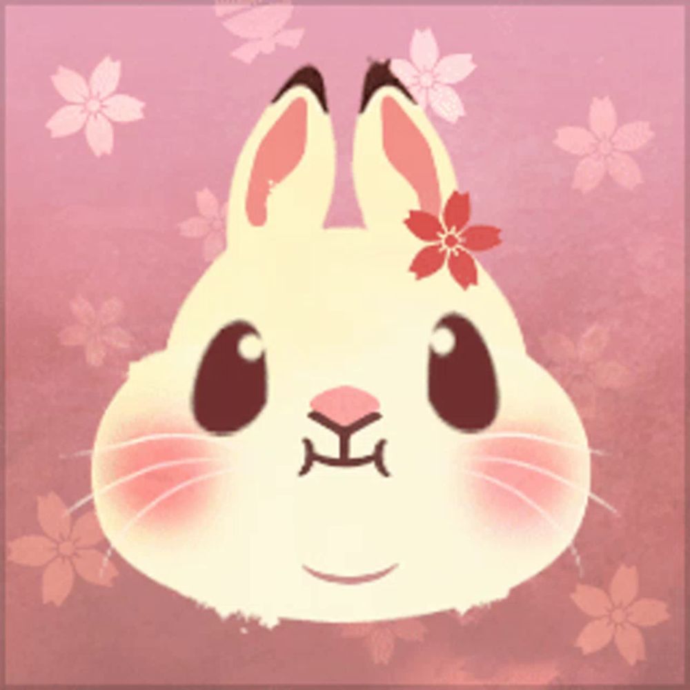 a cartoon rabbit with a flower in its ear on a pink background