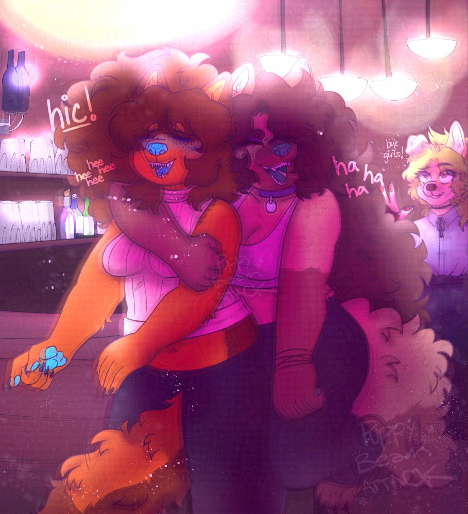 From the perspective of someone who is intoxicated, Trisha(My dog sona, She/Her) and Azzy(My hyena sona, She/Her/It) stumble out of a bar, holding each other affectionately and giggling while Remy(My corgi oc, He/They) waves them off.
Glasses and bottles line the shelves behind the bar proper to the left, and bright lights shine at a high intensity above the two women. On the right is where Remy is waving.

The text on the image, left to right:
To the immediate left of Trisha it says, "hic! hee hee hee hee"
To the immediate right of Azzy it says, "ha ha ha"
And to the immediate left of Remy it says, "bye girls!"