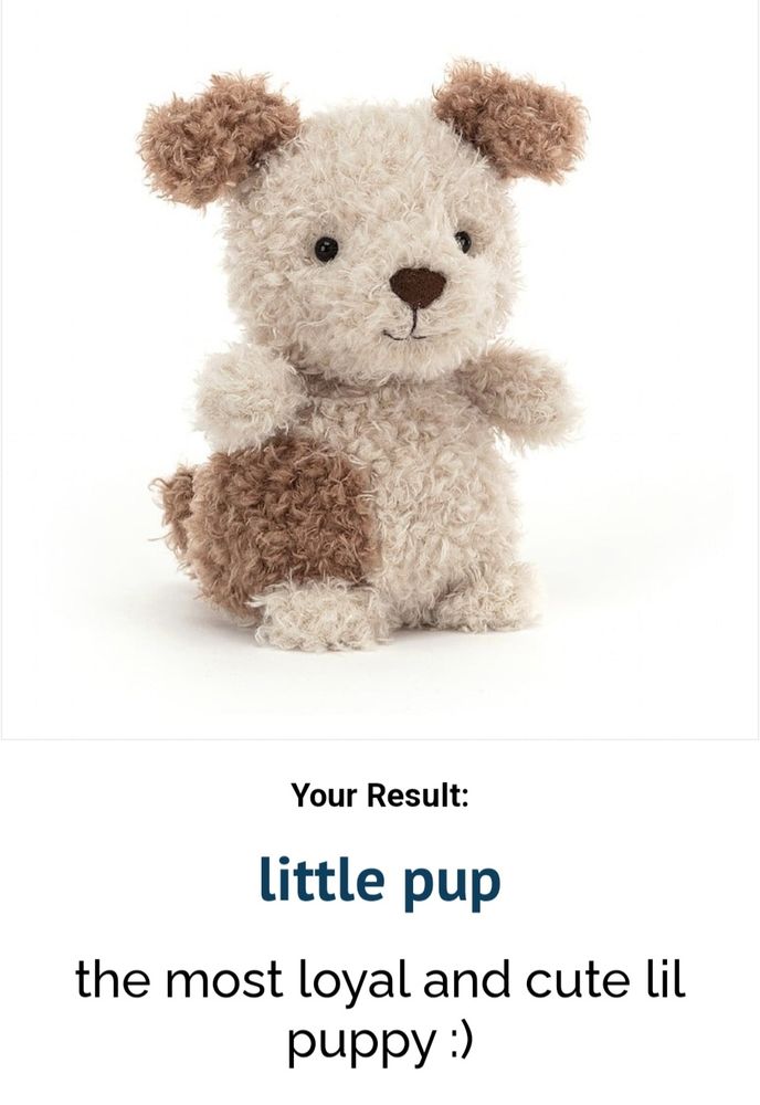 Your Result:
little pup

the most loyal and cute lil puppy :)
