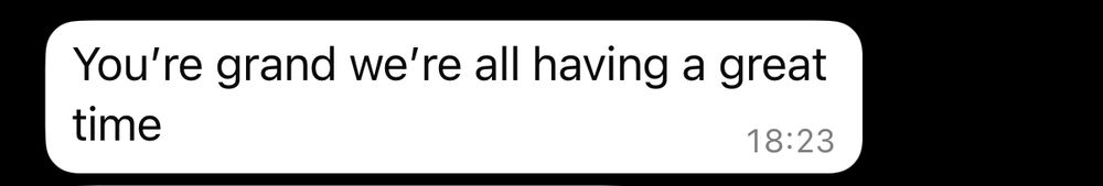 A WhatsApp message saying ‘You’re grand we’re all having a great time’