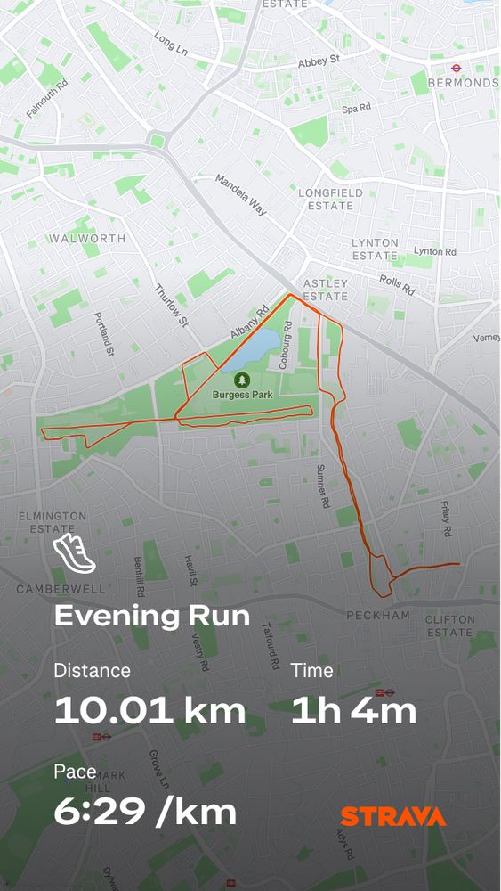 A Strava image showing a 10.01km run in 1h4.