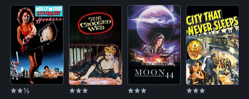 An image from Letterboxd of my recently watched including Hollywood Chainsaw Hookers (rated 2 1/2 stars), The Crooked Web (rated 3 stars), Moon 44 (rated 3 stars), and City That Never Sleeps (rated 3 stars).