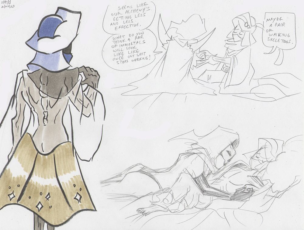 Some risque fanart of Resh'an, Aephorul, and Specter Knight. On the left is Resh'an wearing a transparent robe that shows off his back, mummified from immortal aging.

On the upper right is Aephorul holding Resh'an's bare arms as they lament their lack of eternal youth: a consequence for being immortal. Resh'an figures if their alchemy will eventually fail to keep their bodies as intact as they can, maybe they'll be skeletons.

On the bottom right, Specter Knight in lingerie, undresses Resh'an so they can have sex.