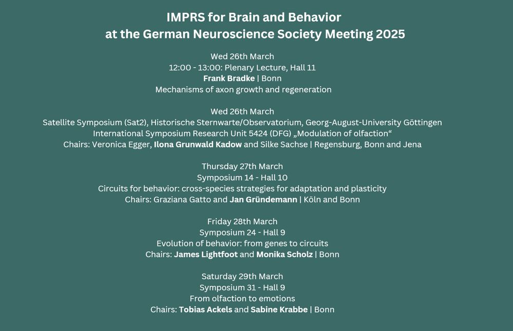 Wed 26th March
12:00 - 13:00: Plenary Lecture, Hall 11
Frank Bradke | Bonn
 Mechanisms of axon growth and regeneration

Wed 26th March
Satellite Symposium (Sat2), Historische Sternwarte/Observatorium, Georg-August-University Göttingen
International Symposium Research Unit 5424 (DFG) „Modulation of olfaction“
Chairs: Veronica Egger, Ilona Grunwald Kadow and Silke Sachse | Regensburg, Bonn and Jena

Thursday 27th March
Symposium 14 - Hall 10
Circuits for behavior: cross-species strategies for adaptation and plasticity
Chairs: Graziana Gatto and Jan Gründemann | Köln and Bonn
 
Friday 28th March
Symposium 24 - Hall 9
Evolution of behavior: from genes to circuits
Chairs: James Lightfoot and Monika Scholz | Bonn
 
Saturday 29th March
Symposium 31 - Hall 9
From olfaction to emotions
Chairs: Tobias Ackels and Sabine Krabbe | Bonn