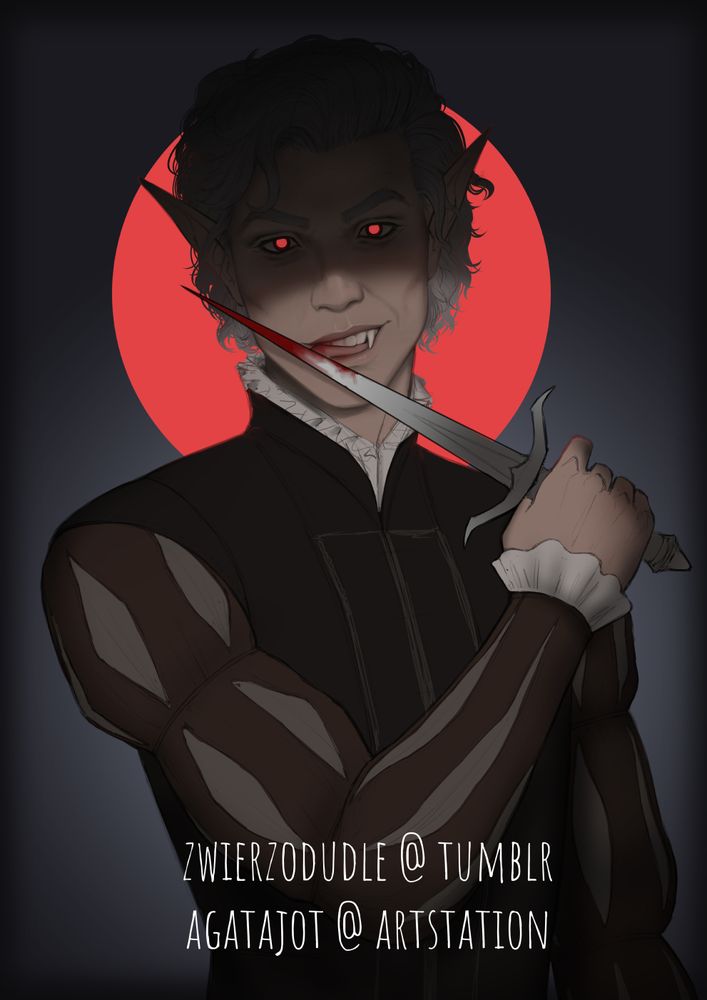 Picture of Astarion from Baldur's Gate 3. He is a pale elf with white hair. In the picture, he's wearing a black outfit with ruffled white collar and is licking a bloodied dagger. The upper part of his face is shaded, and his eyes are unnaturay bright red. The same red is visible as a circle behind his head.