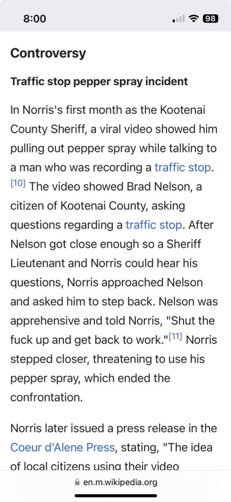 Wikipedia info about the Court d’Alene Sheriff threatening to pepper spray someone at a traffic stop. 