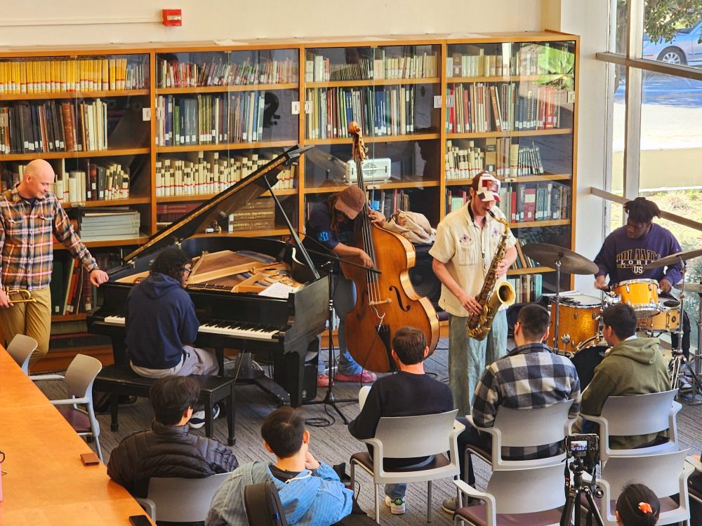 Jazz ensemble playing in the library.