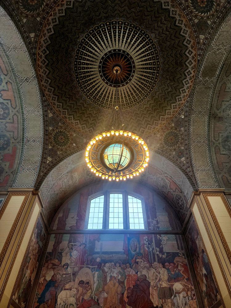 Painted ceiling and chandelier in the LA Public Library 