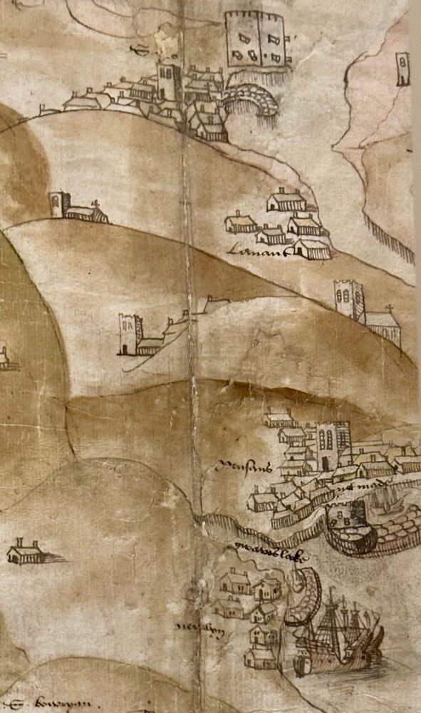 From top to bottom, St Ives, Lelant, Penzance & Newlyn are labelled. The churches in the towns & countryside as clearly drawn. As are cottages & town houses. An interesting feature is the depiction of the curved harbour walls with huge building blocks of stone.