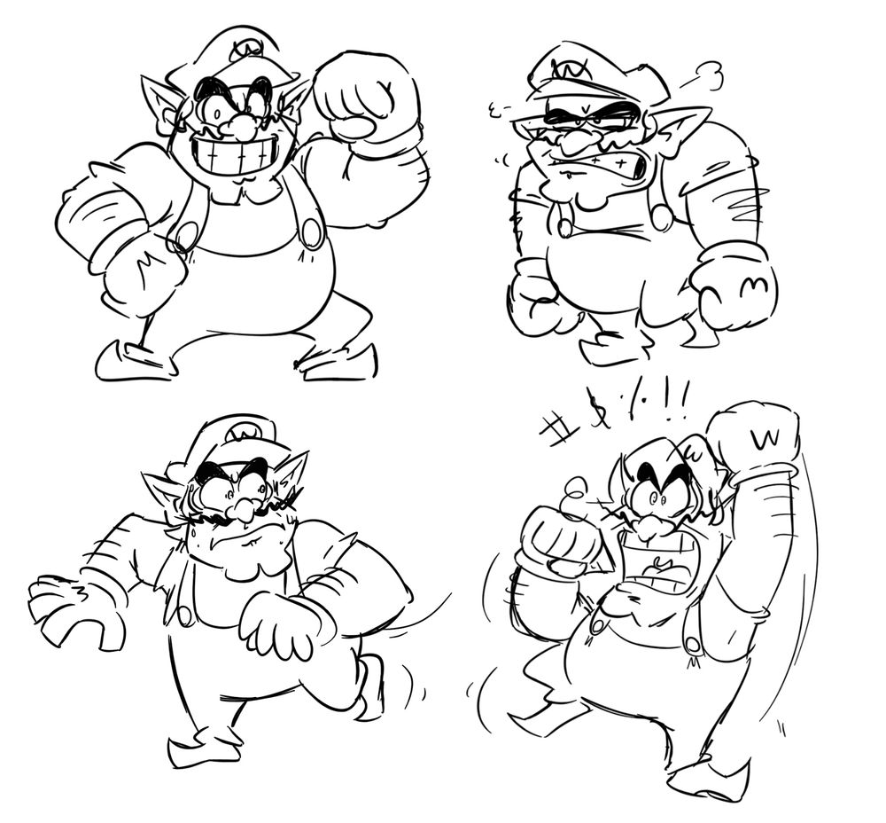 From right to left, top to bottom: Wario flexing, Wario angrily stomping away, Wario shuffling away anxiously, Wario throwing a tantrum