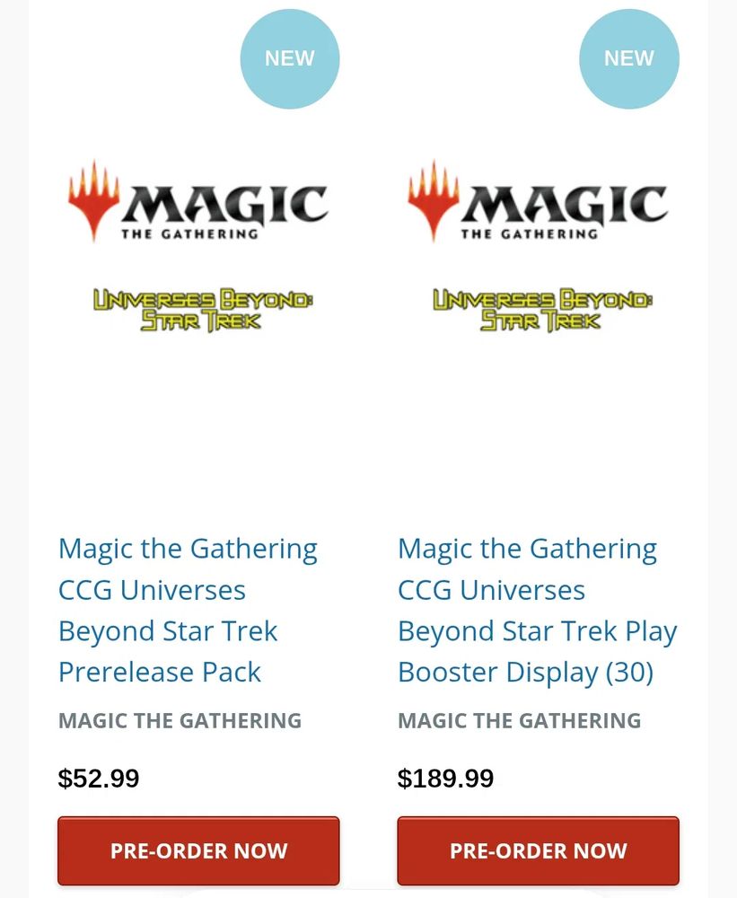 An "accidentally"-updated online storefront screenshot, showing the ability to pre-order Magic the Gathering Star Trek cards.