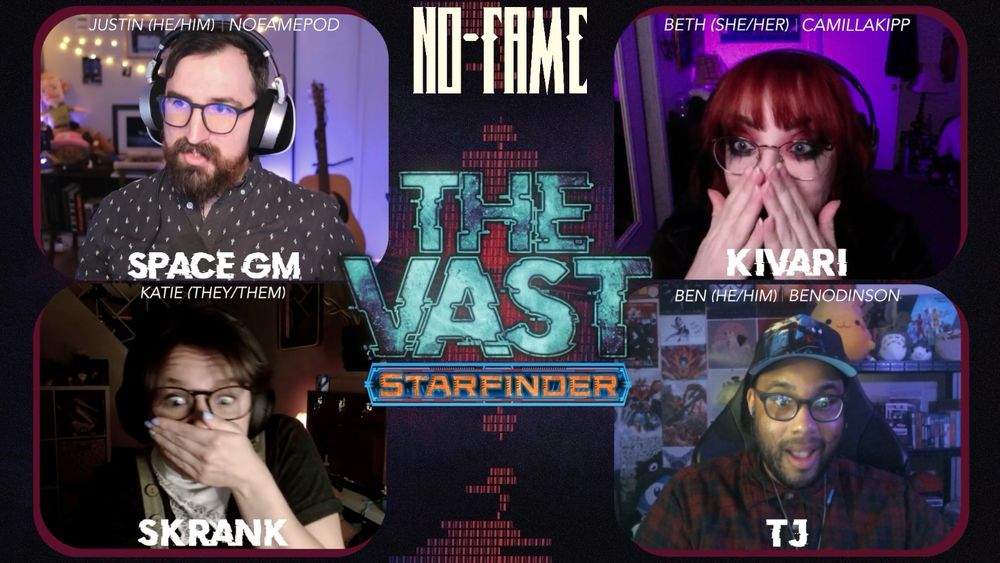 Image shows four webcam frames, one for Ben, Katie, Beth, and Justin. Everyone, except Justin, has a look of shock and surprise on their face as Justin reveals an NPC