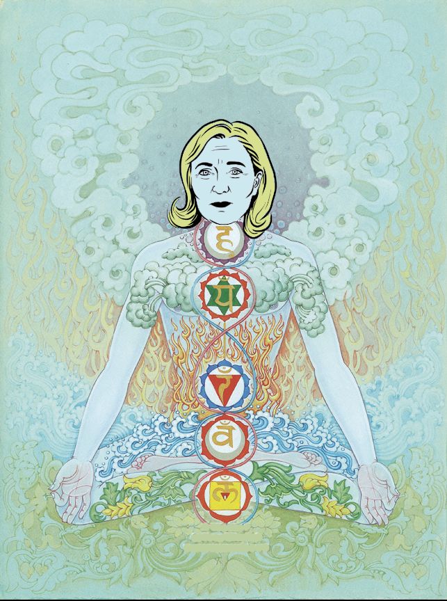 Dessin aux couleurs pastel d'un moine bouddhiste arborant ses cinq chakras grimé avec la tête de Marine Le Pen.