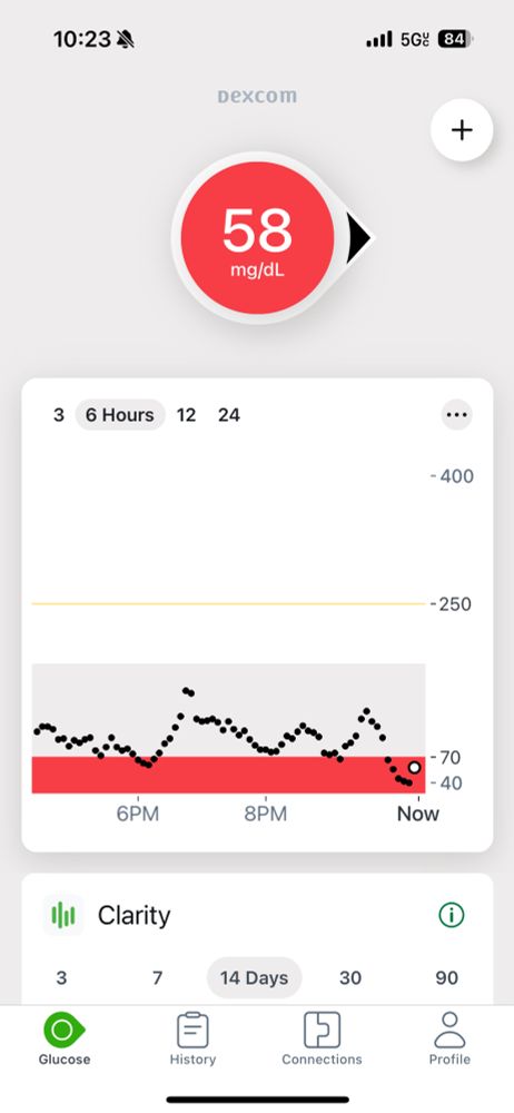Dexcom app reflecting a 58mg/dL blood sugar reading at 10:23pm CT. The arrow pointed to the right indicates a steady state.