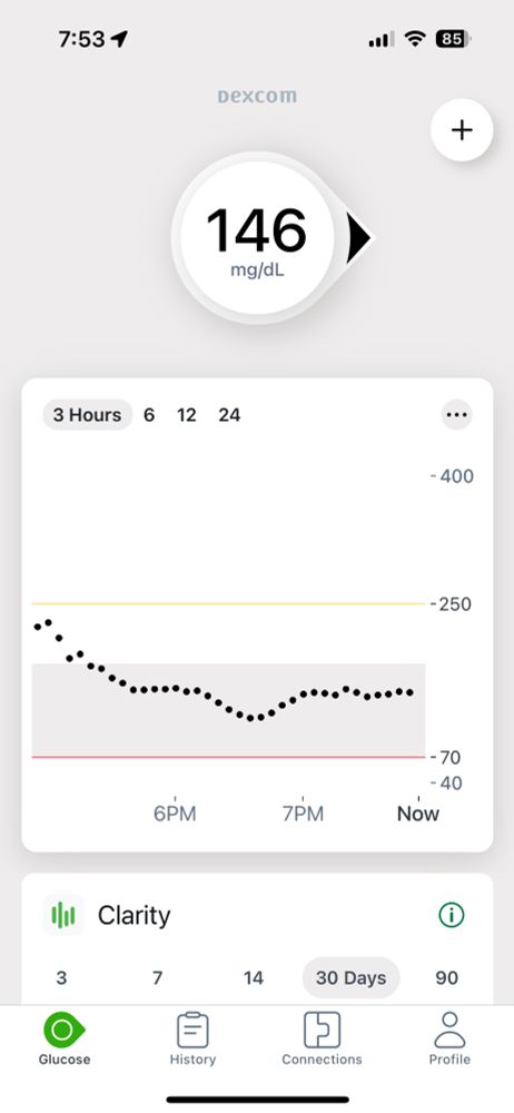 Dexcom app reflecting a 146 mg/dL result at 7:53pm. Arrow indicates steady continuous state.