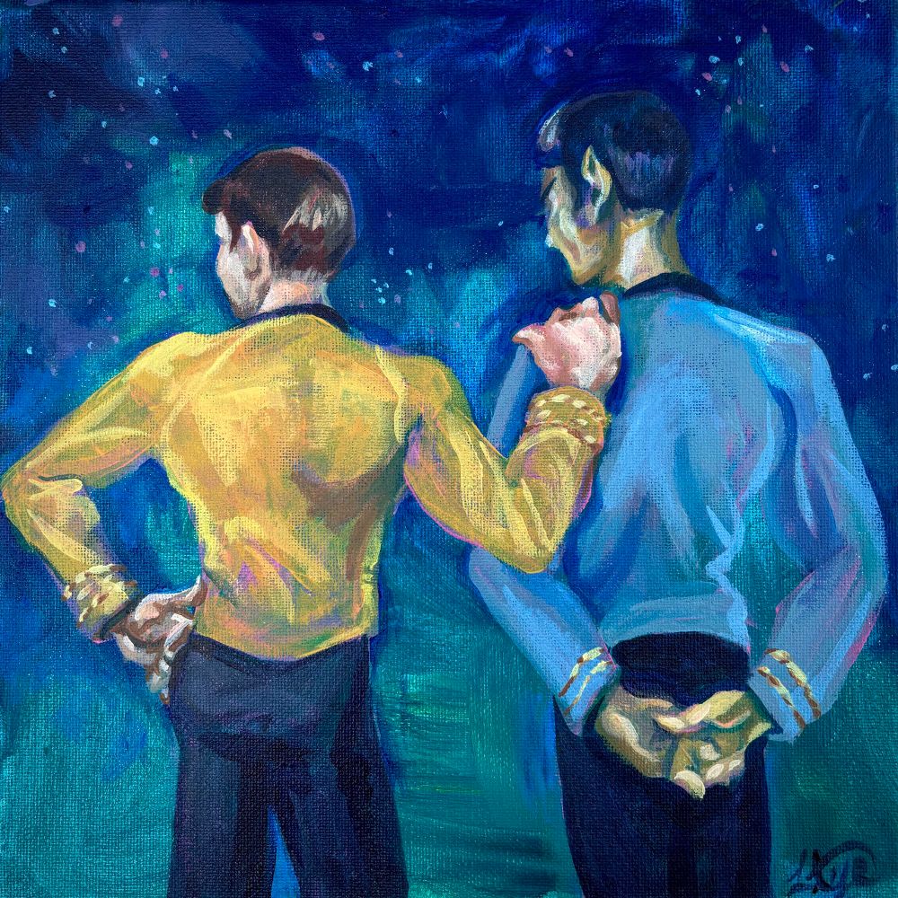 Acrylic painting of Kirk and Spock. They stand facing away from the viewer in front of a starry blue and teal gradient field. Spock has his hands clasped behind him while Kirk has one hand on his hip and the other on Spock’s shoulder.