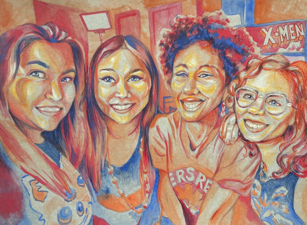 Watercolor portrait of 4 women in red, orange, and blue tones. The artist and her friends with wide smiles.