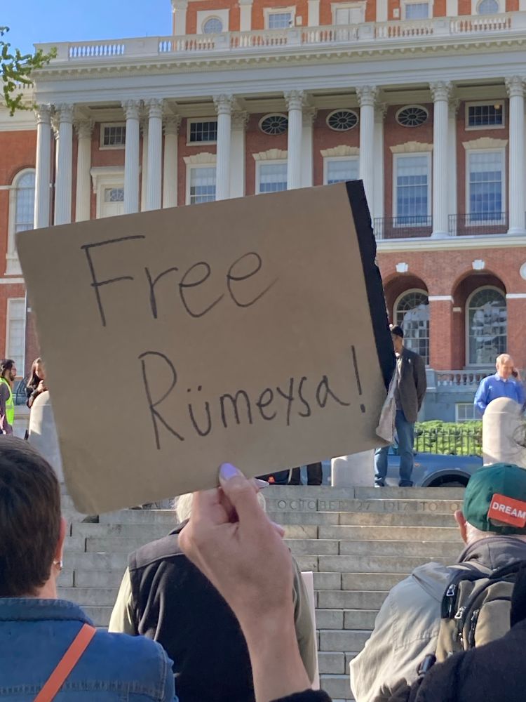 Protest sign: “Free Rumeysa” about Tufts University graduate student Rumeysa Ozturk who was abducted on the street by masked plainclothes federal agents
