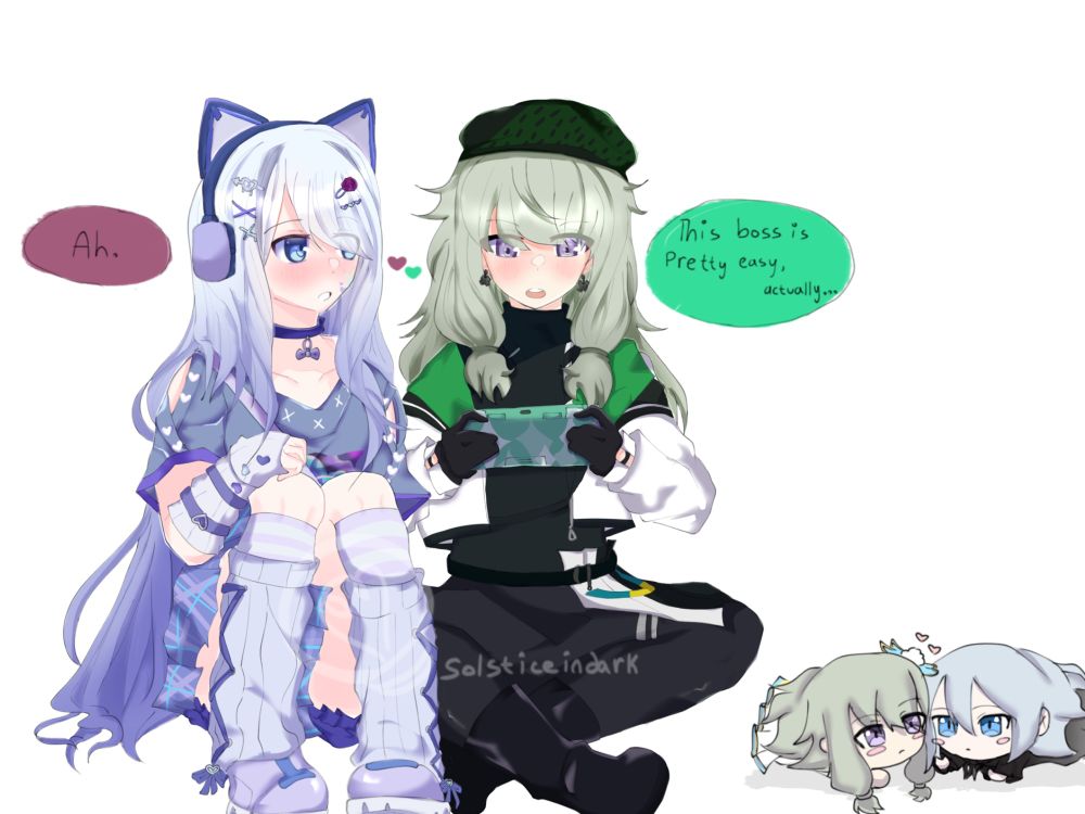 Kanade and Nene from Project SEKAI are sitting next to each other, Nene is explaining the game she's playing: "This boss is pretty easy, actually..." while Kanade responds with "Ah." 
