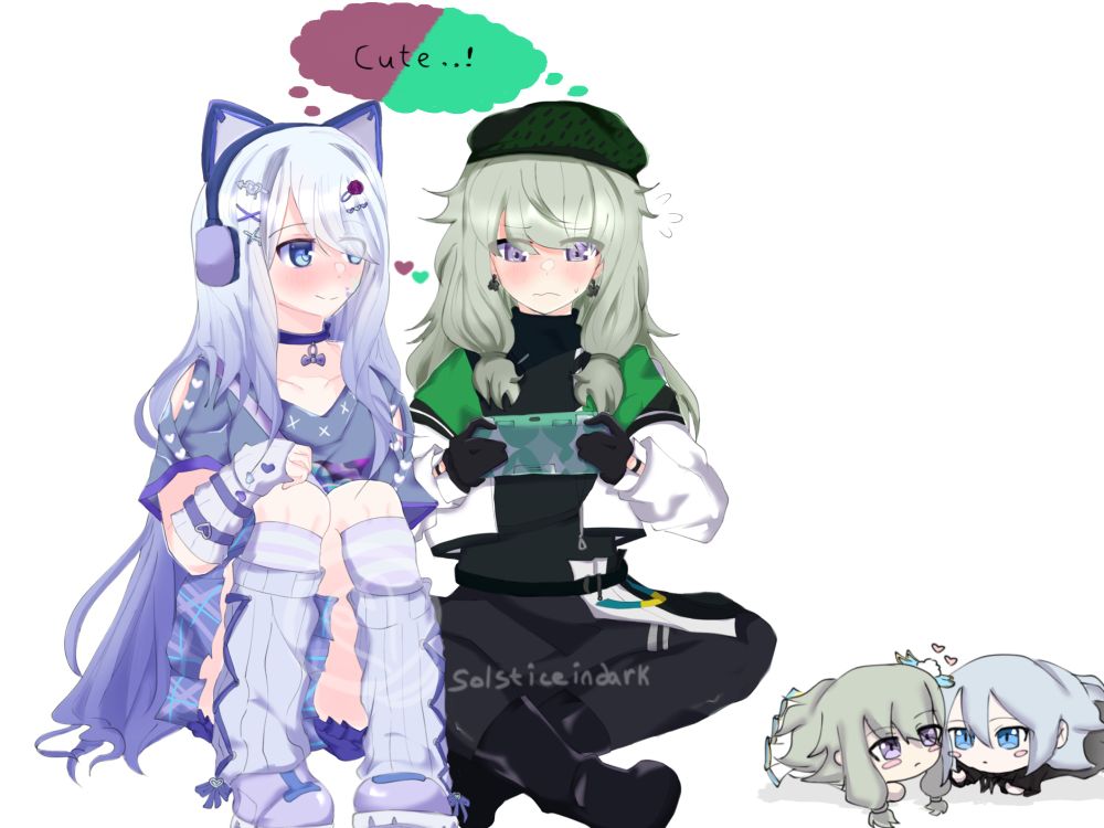 Kanade and Nene from Project SEKAI are sitting next to each other, Nene is flustered and Kanade is smiling softly, while they both think: "Cute...!" 