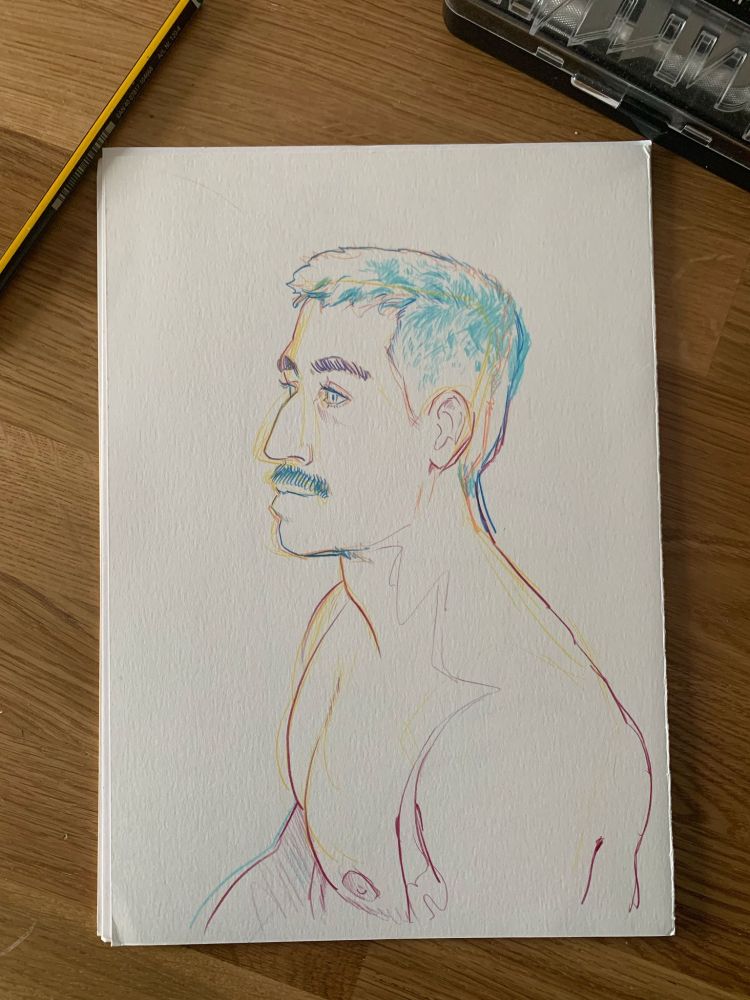 A 3/4 portrait sketch of a man with a mustache, done with coloured pencil in blues, yellow and pink.