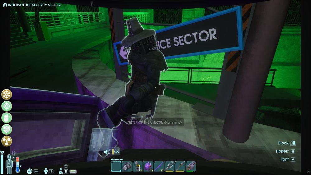 Screenshot from Abiotic Factor showing a black clothed person sitting on a ledge. She has a hat and face covering. There is green radioactive glow in the background. 