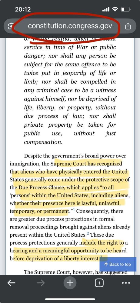 A screenshot from the annotated constitution showing due process is due to anyone in the US with Supreme Court decisions supporting this.