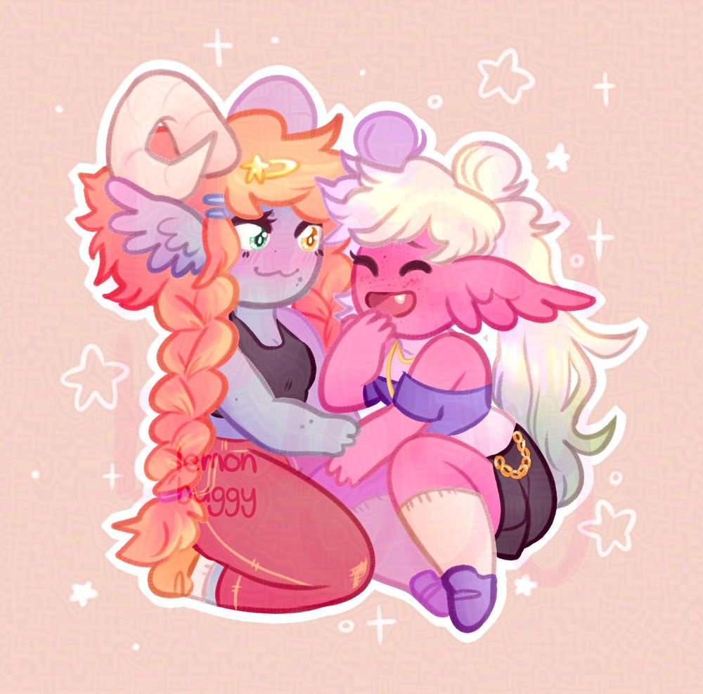 image description start: a stylized chibi artwork of two of lemonbuggy's characters. the two characters are an original species - they are humanoids with bright skin colours, and fluffy, wing-like ears. they are sitting down next to each other, their legs positioned closely. the one on the left has blue skin colour, white horns, a black crop top, red and gold jeans and yellow shoes. they have long peach hair, styled into two long braids. they have a few clips in their hair, two blue and one yellow star clip. they have freckles. their eyes are open, looking at the one on the right, and they are smiling. they have full heterochromia, one blue eye and one yellow eye. the one on the right has pink skin colour, a white and purple shirt, black shorts and purple shoes. they are wearing knee-high white socks, two gold necklaces, and their shorts have a gold chain accessory. their white hair is tied up in two buns, the buns have long tails going down their back, the tips tinted green. they are smiling with their eyes closed, one hand by their mouth and the other hand touching the hand of the character next to them. the background is a soft, pastel peach with white stars. the second image is the same art, just a zoomed in version of the artwork. end image description