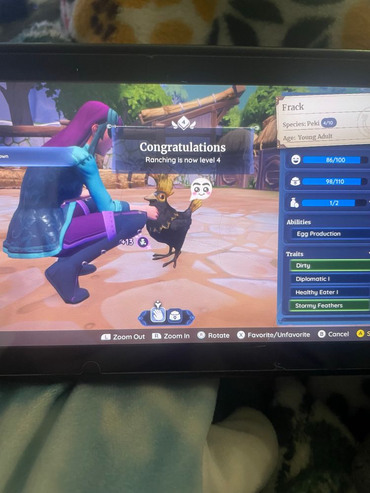 Screenshot of a switch screen showing a female Palia character crouching down to pet a black chicken (Peki) named Frack