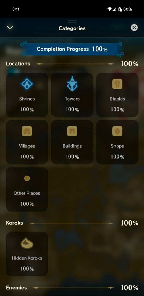 Zelda Notes app Navigation menu with 100% completion 
