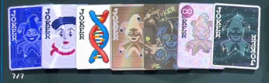 Jokers from Left to Right: Blueprint, Mime (Foil), DNA, Cartomancer (Negative), Brainstorm (Negative), Marble Joker (Holographic, Eternal), Constellation (x7.9)